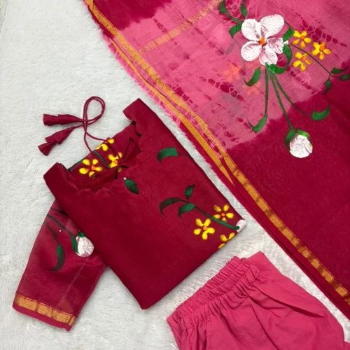 CHS - 001 pinkish maroon hand painted chanderi silk set