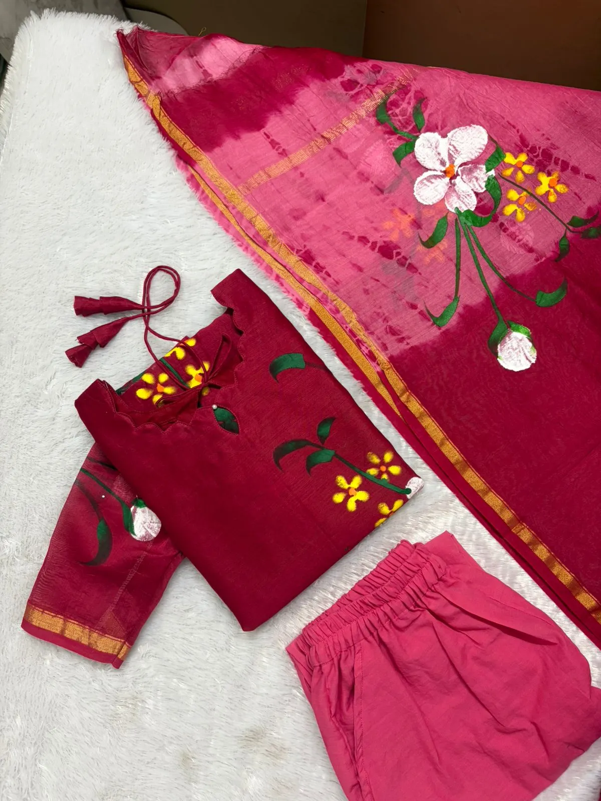 CHS - 001 pinkish maroon hand painted chanderi silk set