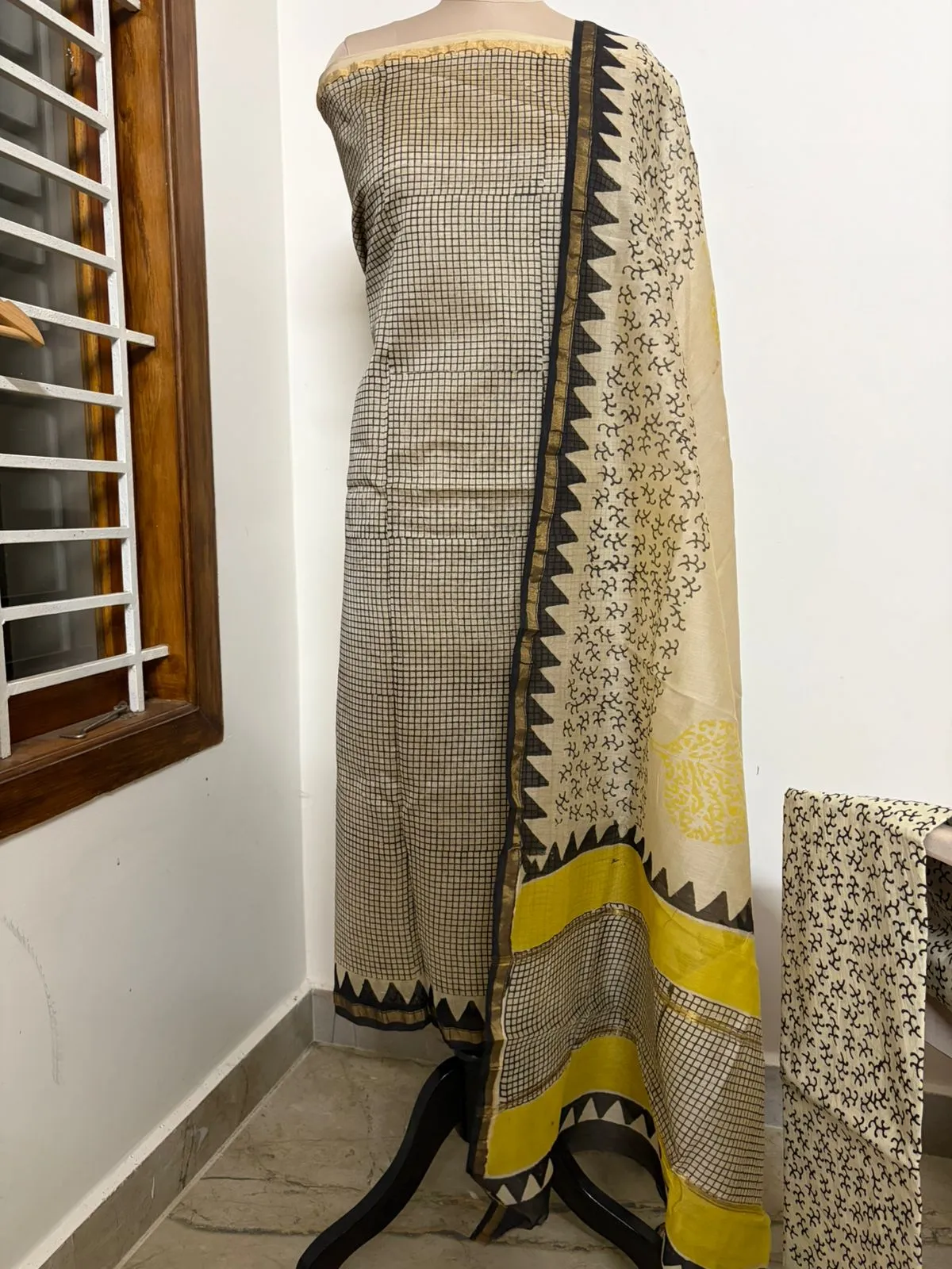 CHS - 005 black checks with cream chanderi silk suits
