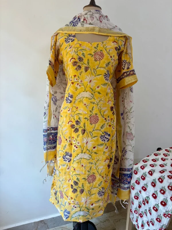 LN-011 YELLOW FLORAL LINEN COTTON SUITS