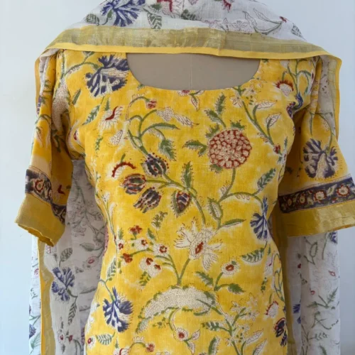 LN-011 YELLOW FLORAL LINEN COTTON SUITS