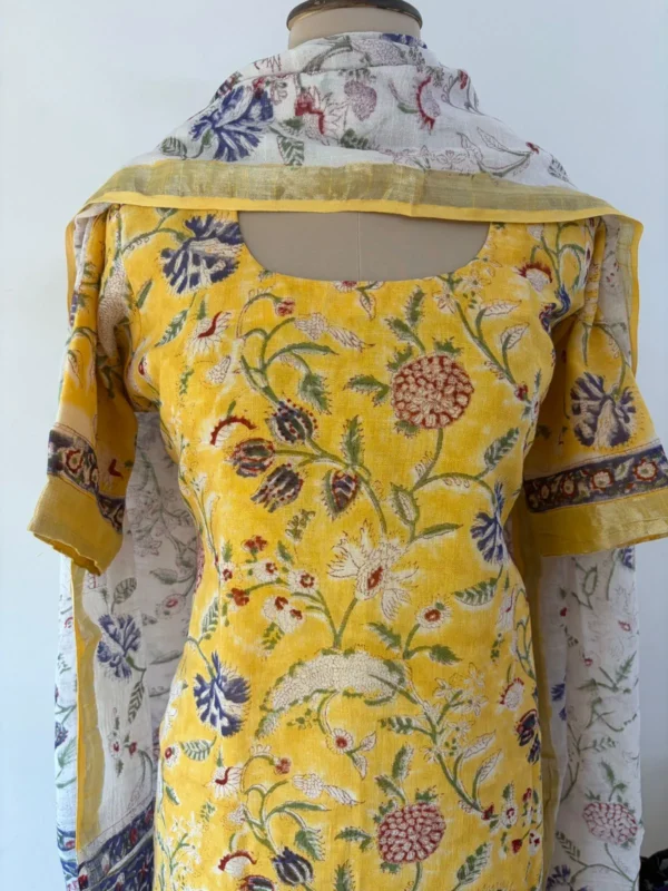 LN-011 YELLOW FLORAL LINEN COTTON SUITS
